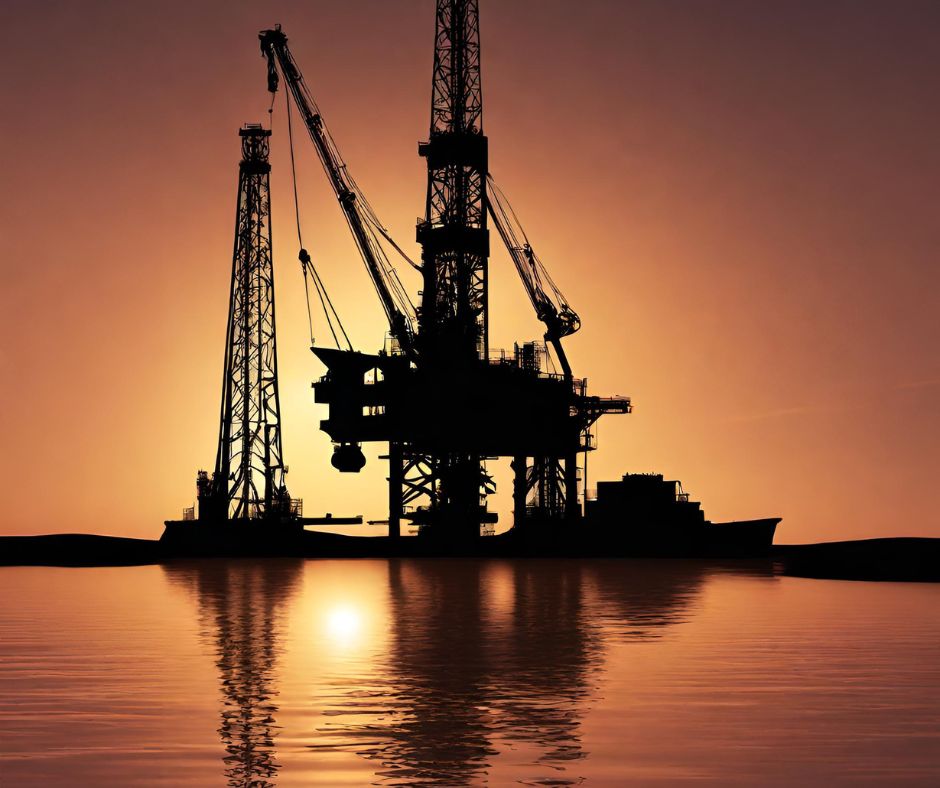 drilling rig silhouetted against a sunset, symbolizing the intersection of technology and economics